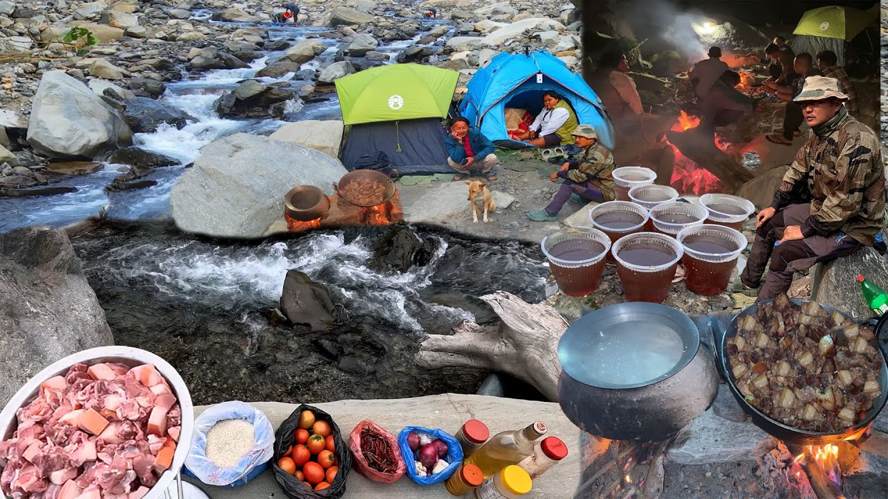 Winter Night Camping on the River Side 36 Hours Challenge Pork with Rice Cooking & Eating Phedi Gaon