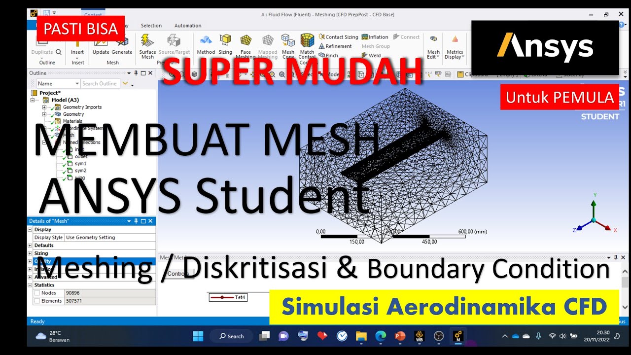 Membuat Mesh/Meshing/Diskritisasi & BC | Tutorial Ansys Student-9 | Preprocess CFD Aerodinamika Wing