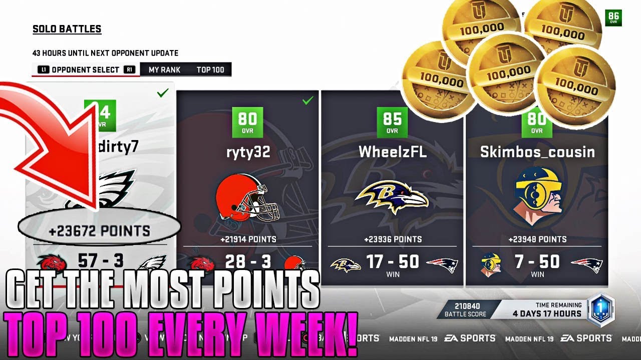 HOW TO SCORE THE MOST SOLO BATTLE POINTS EVERY GAME! GET TOP 100 REWARDS! Madden 19 Ultimate Team