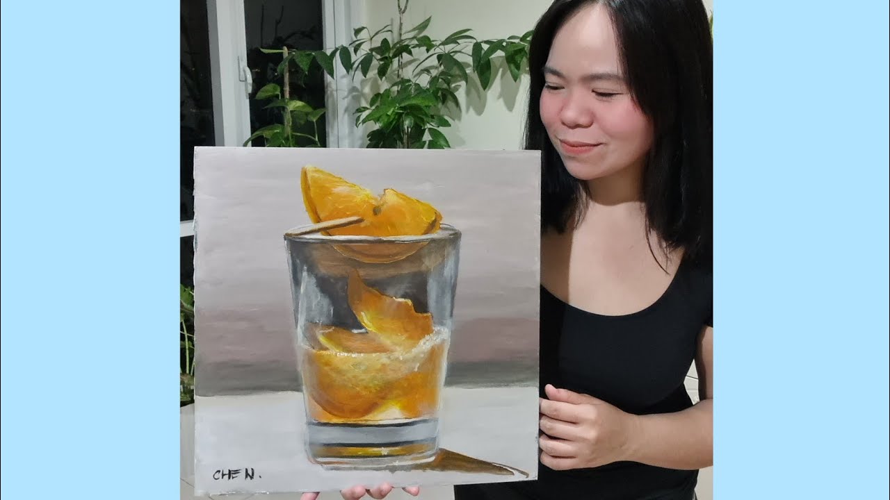 A glass of orange juice painting tutorial using acrylics
