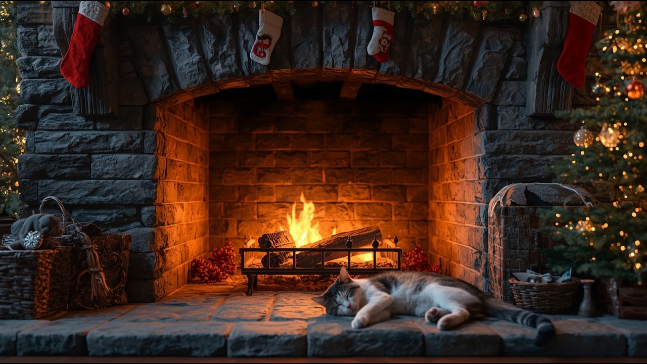 😺Sleeping Cat by Fireplace  | 🔥Cozy Crackling Fire Sounds