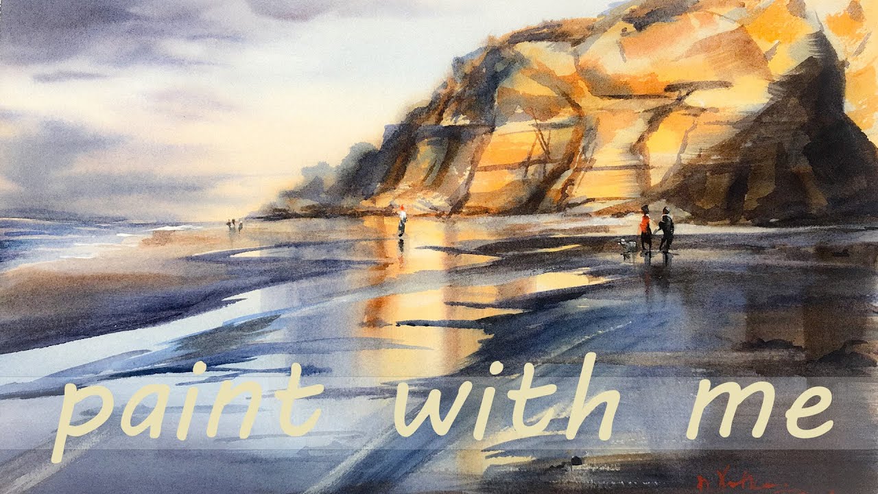 Watercolor Seascape Painting Water Reflection Rock and Wet Sand, Paint With Me