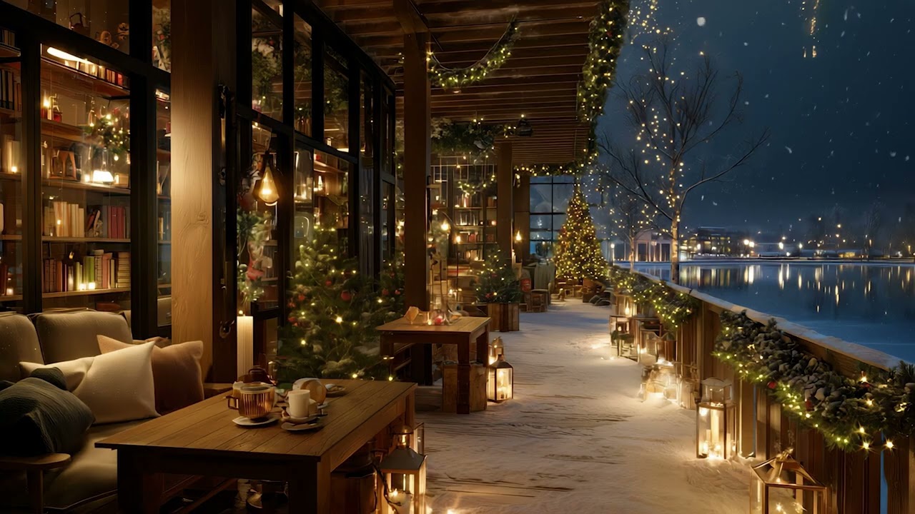 Cozy Lakeside Christmas Café at Night ❄️ Warm Lights, Gentle Snow & Winter Ambience   4K