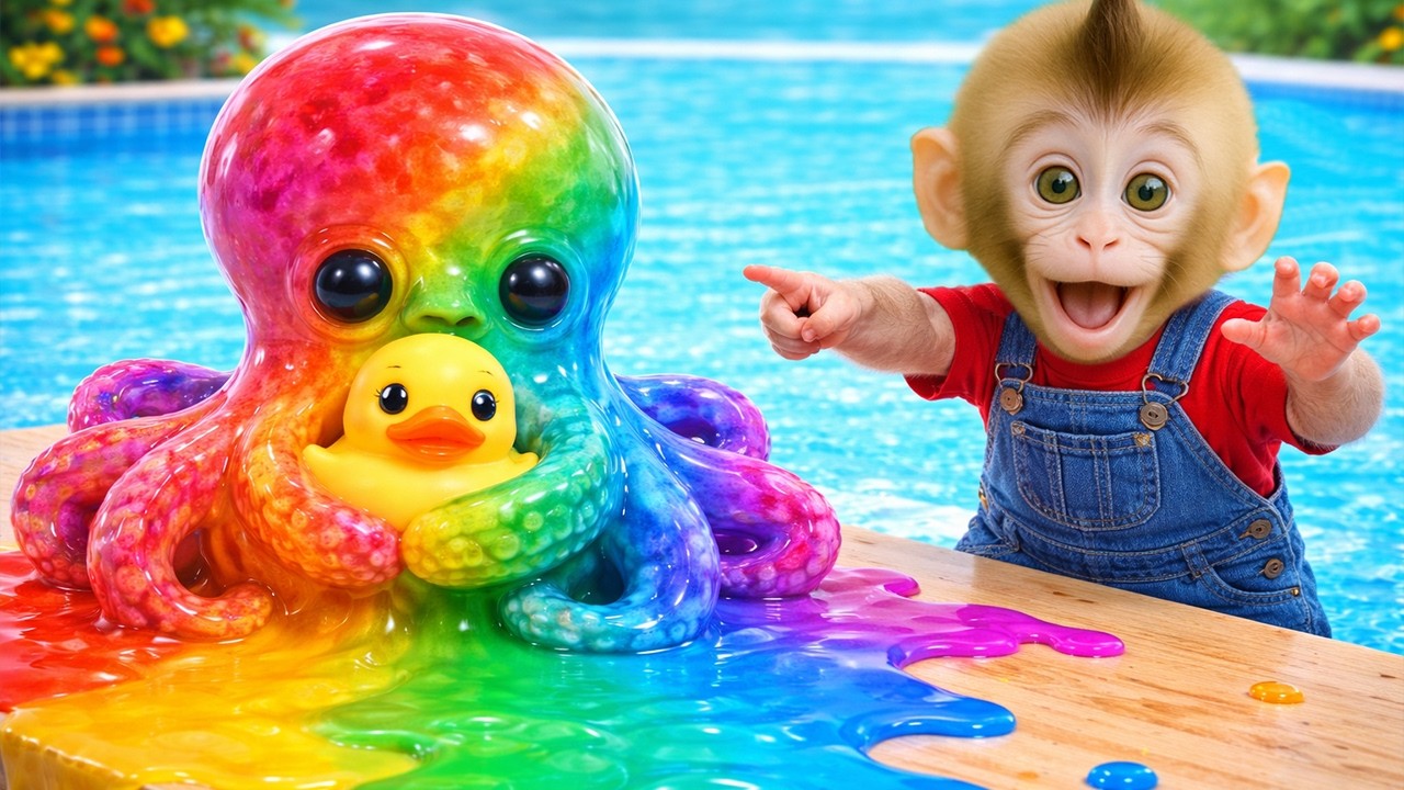 Bebé Mono Nana descubre un calamar gigante en la piscina y un tesoro mágico 🦑🏊‍♂️💎