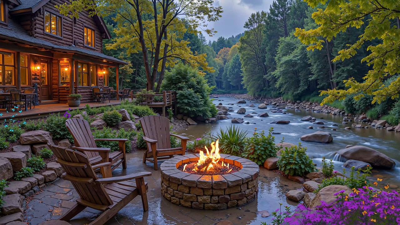 Cozy Piano Music Riverside Porch in Spring Woods 🌺🔥 Crackling Campfire & Nature Sounds Ambience