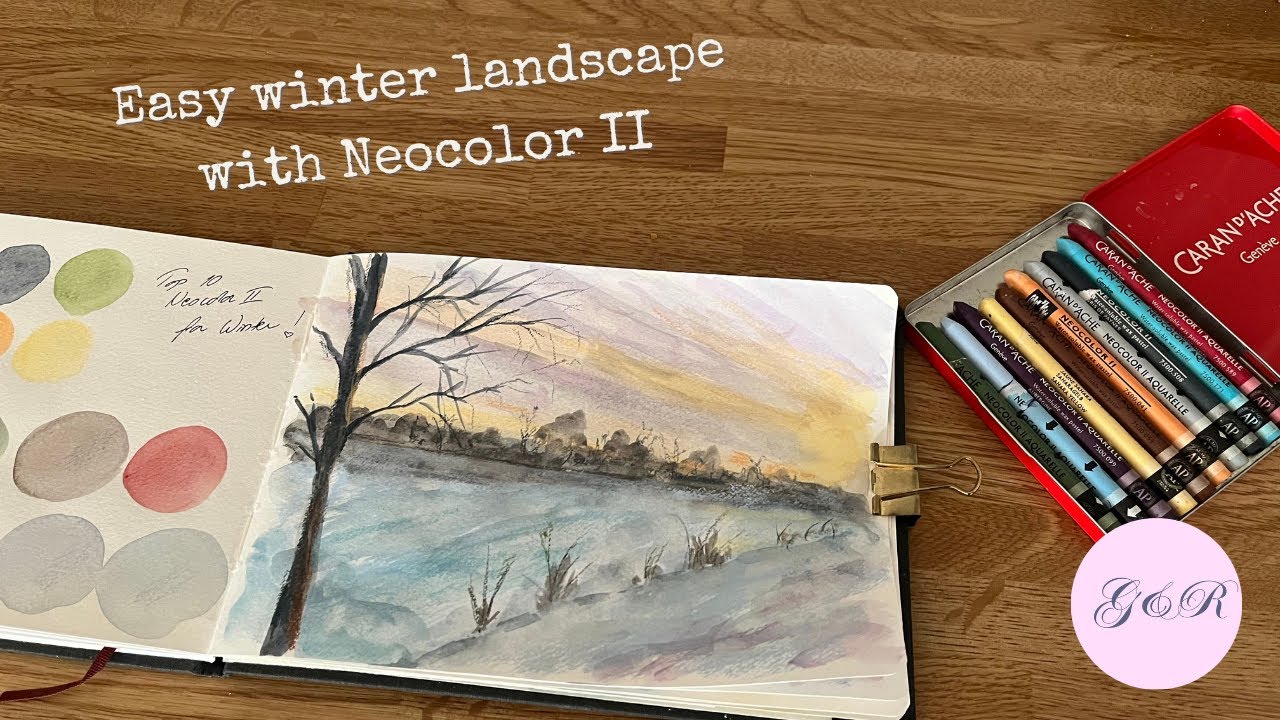 Урок зимнего пейзажа Neocolor II | Смешивание цветов и создание снежной сцены на закате