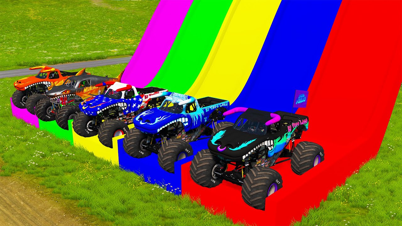 Double Flatbed Trailer Monster Trucks Transport with Slide Color - Cars vs Speed bump - BeamNG #86