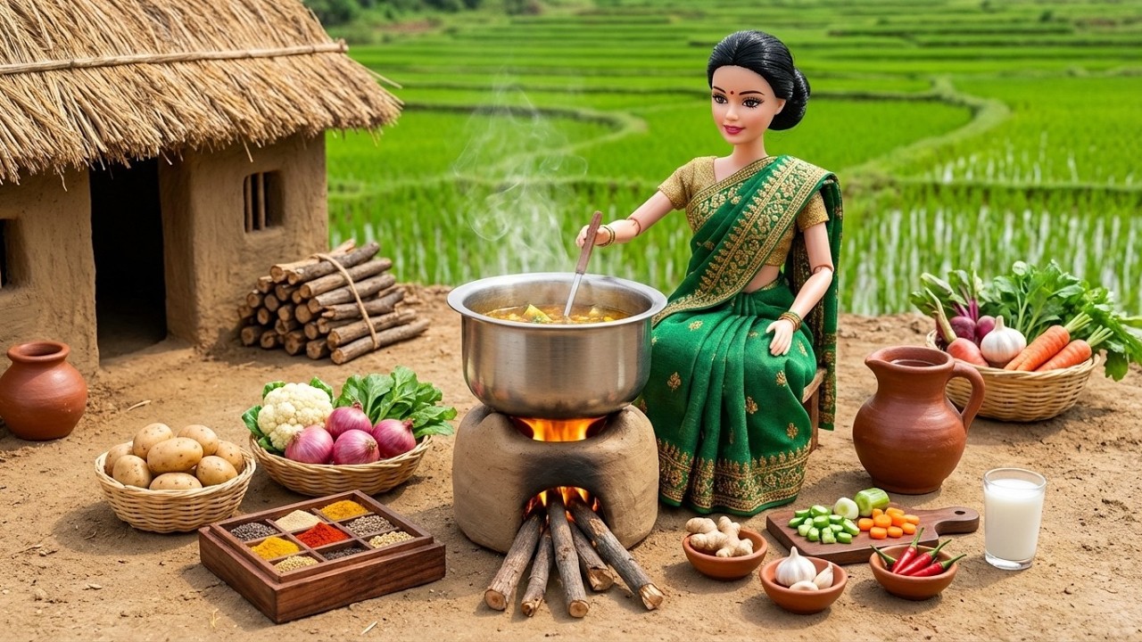Miniature Doll Village Cooking ASMR 🍲 Traditional Indian Curry in Peaceful Rice Field Kitchen