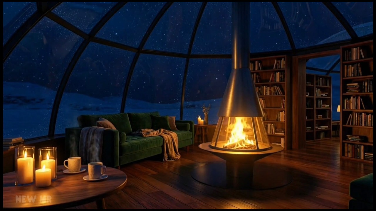 Christmas Glass Cabin Retreat 🎄 Snowy Night Fireplace & Relaxing Jazz