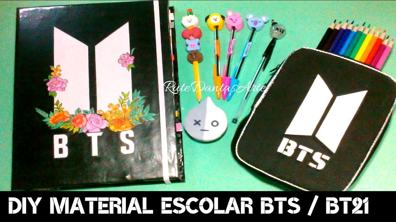 DIY BTS/BT21: Fichário Completo, Caneta Lightstick BTS, Ponteira e Apontador BT21, Estojo E+