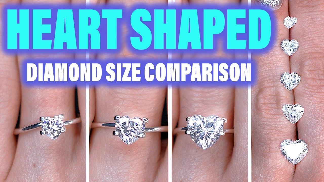 Heart Shaped Diamond Ring Size Comparison on the Hand Finger. 1 Carat Engagement Cut 2 Ct  5 1/3 .75