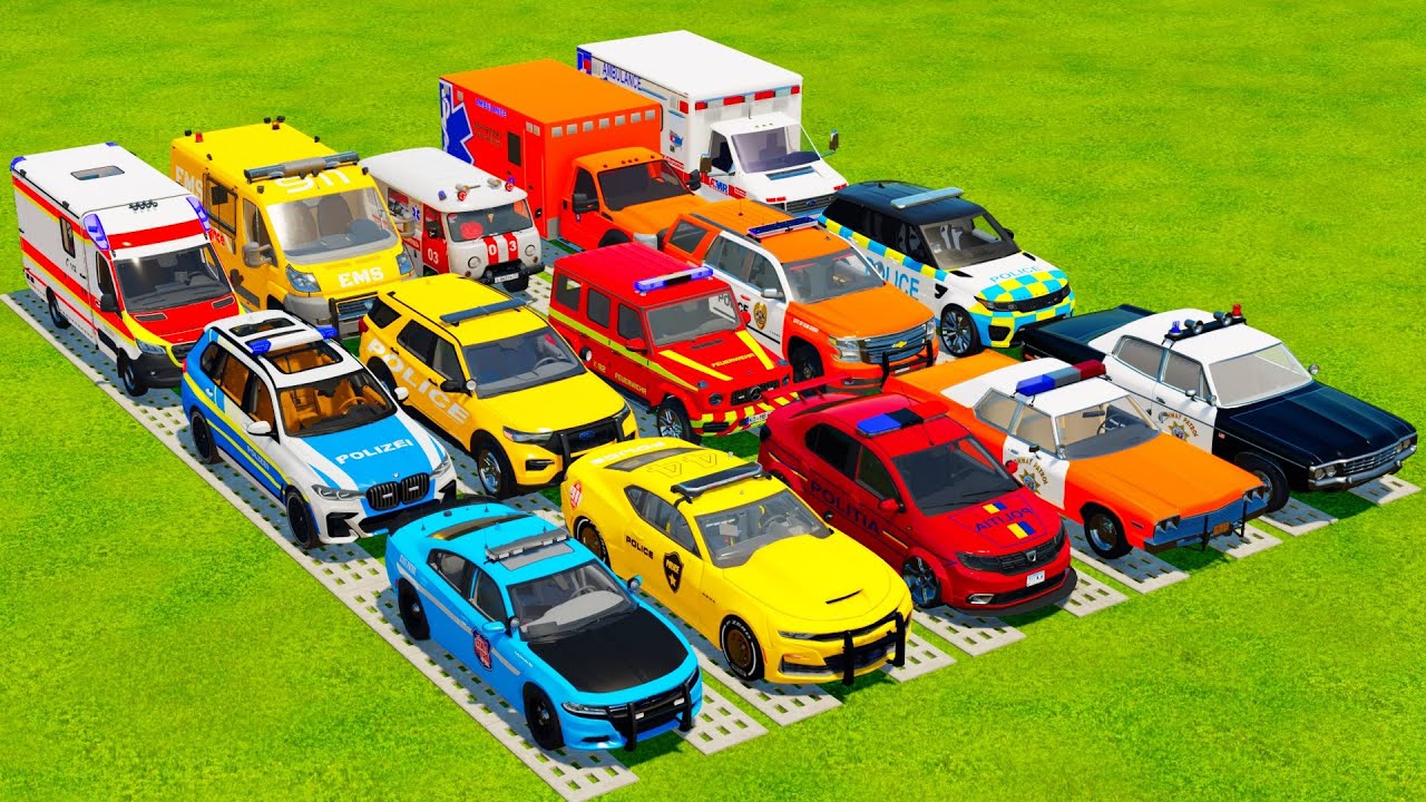 TRANSPORTING EMERGENCY CARS, AMBULANCE & FIRE ENGINES WITH  TRUCKS & TRAIN! Farming Simulator 22