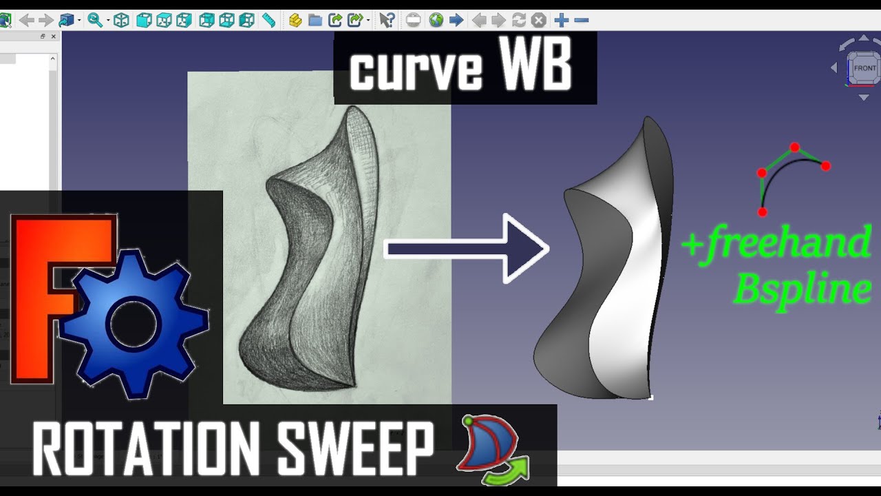 Freecad Curve WB: использование Rotation Sweep и Freehand Bspline для создания сложной поверхности.