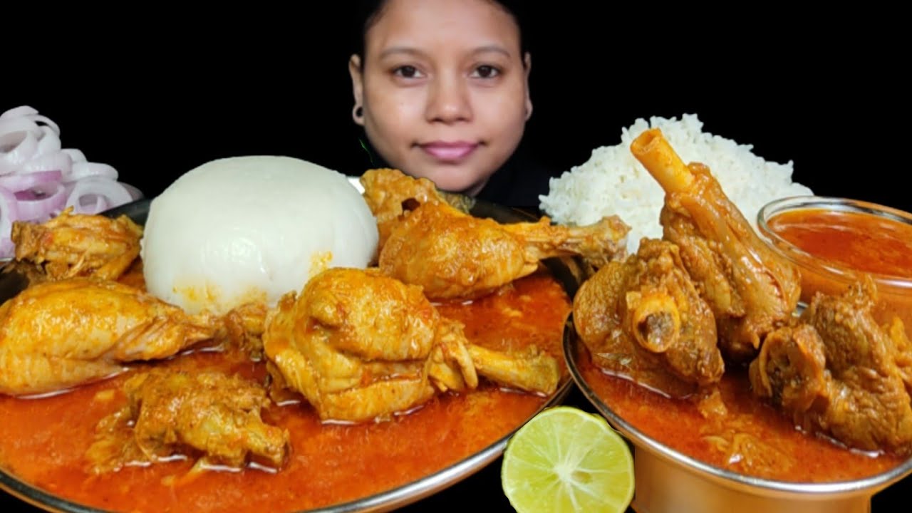 Eating Fufu with Spicy Chicken Curry, Mutton Curry,  Rice & Extra Gravy | Eating Show | Asmr Mukbang