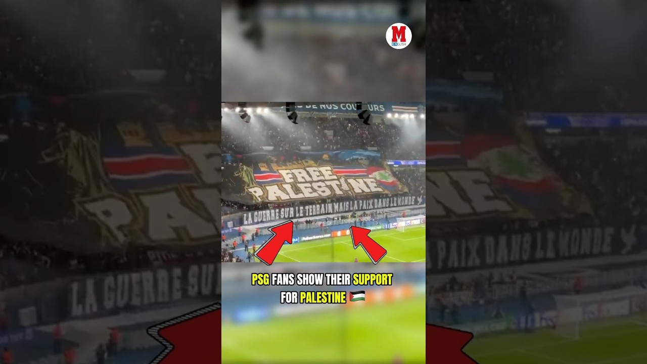 PSG supporters with a statement in the stands, unveiling a tifo for Palestine 🙌⚽  #Champions #PSG