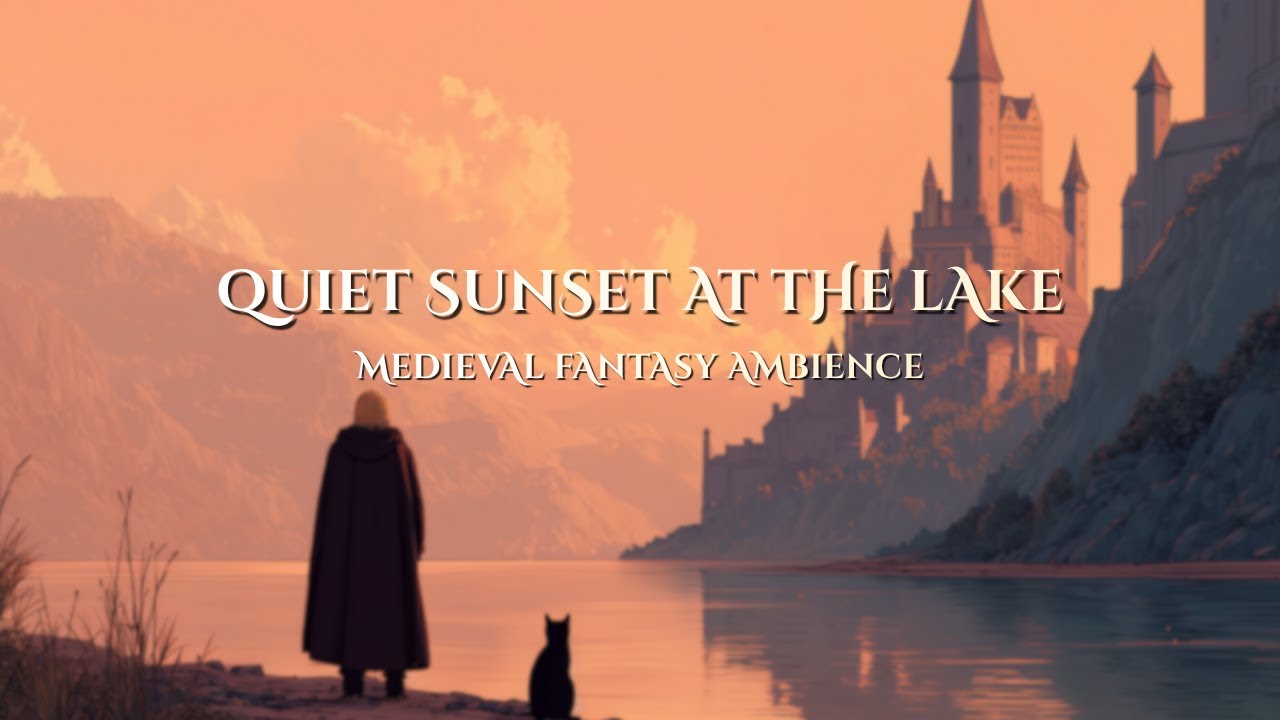 Medieval Fantasy Ambience | Quiet Sunset Lake, Traveler and Cat Watching the Castle • Relax & Study
