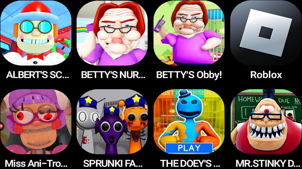 ALBERT'S SCHOOL,Betty's Nursery!,BRTTY'S Obby!,Roblox,Miss Ani-Tron's,SPRUNKI FAMILY,DOEY'S PRISON