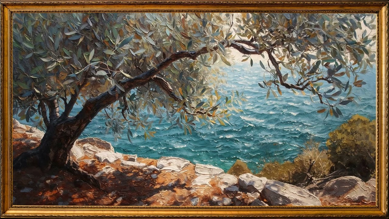 Sunlit Mediterranean Olive Grove Painted | 2H | Gold Frame TV Art 🔇