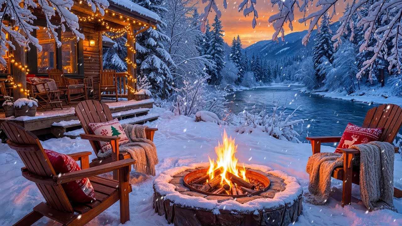 Peaceful Winter Riverside Cabin Ambience ❄️🔥 Crackling Fire Pit, Snowfall & Snowy Forest Relaxation