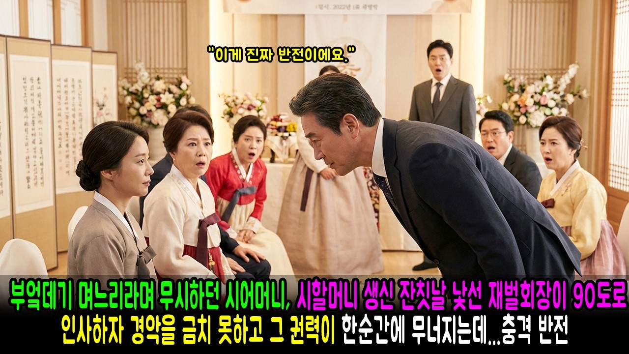 부엌데기 며느리라며 무시하던 시어머니, 시할머니 생신 잔칫날 낯선 재벌회장이 90도로 인사하자 경악을 금치 못하고 그 권력이 한순간에 무너지는데...