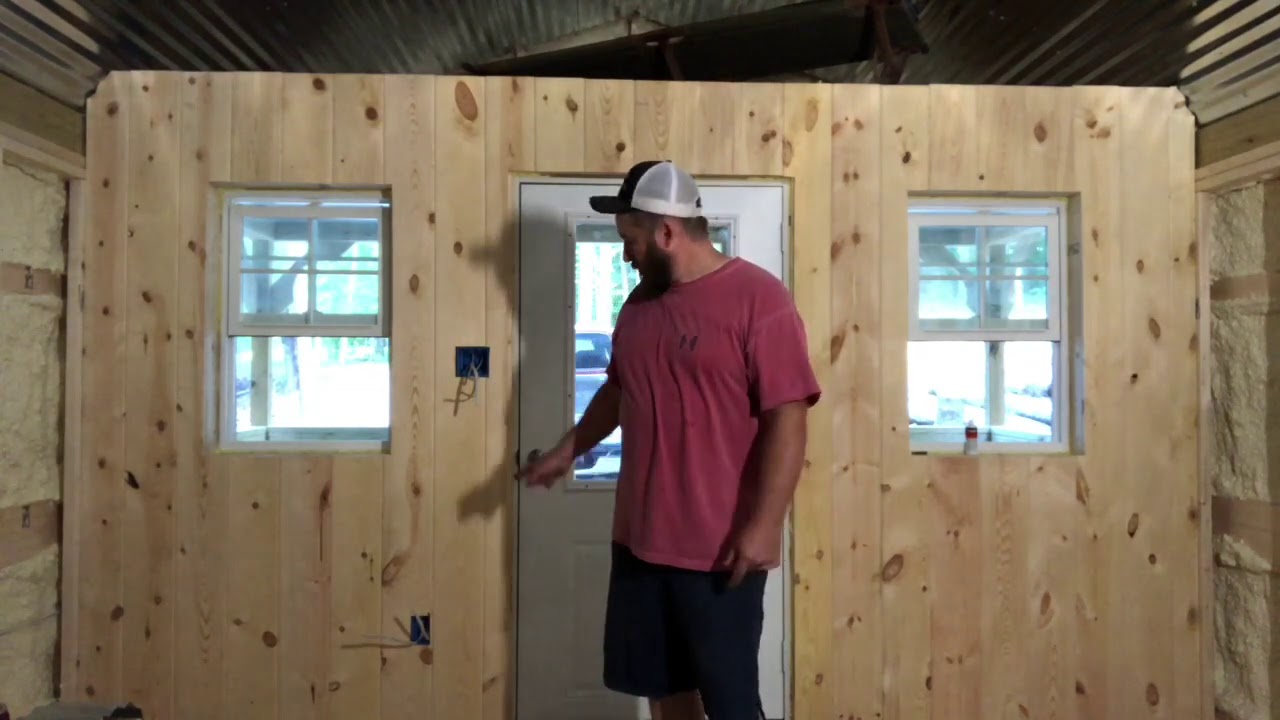 Installing tongue & groove walls at the cabin #karlsoffthegrid #minicabininterior #shedcabininterior