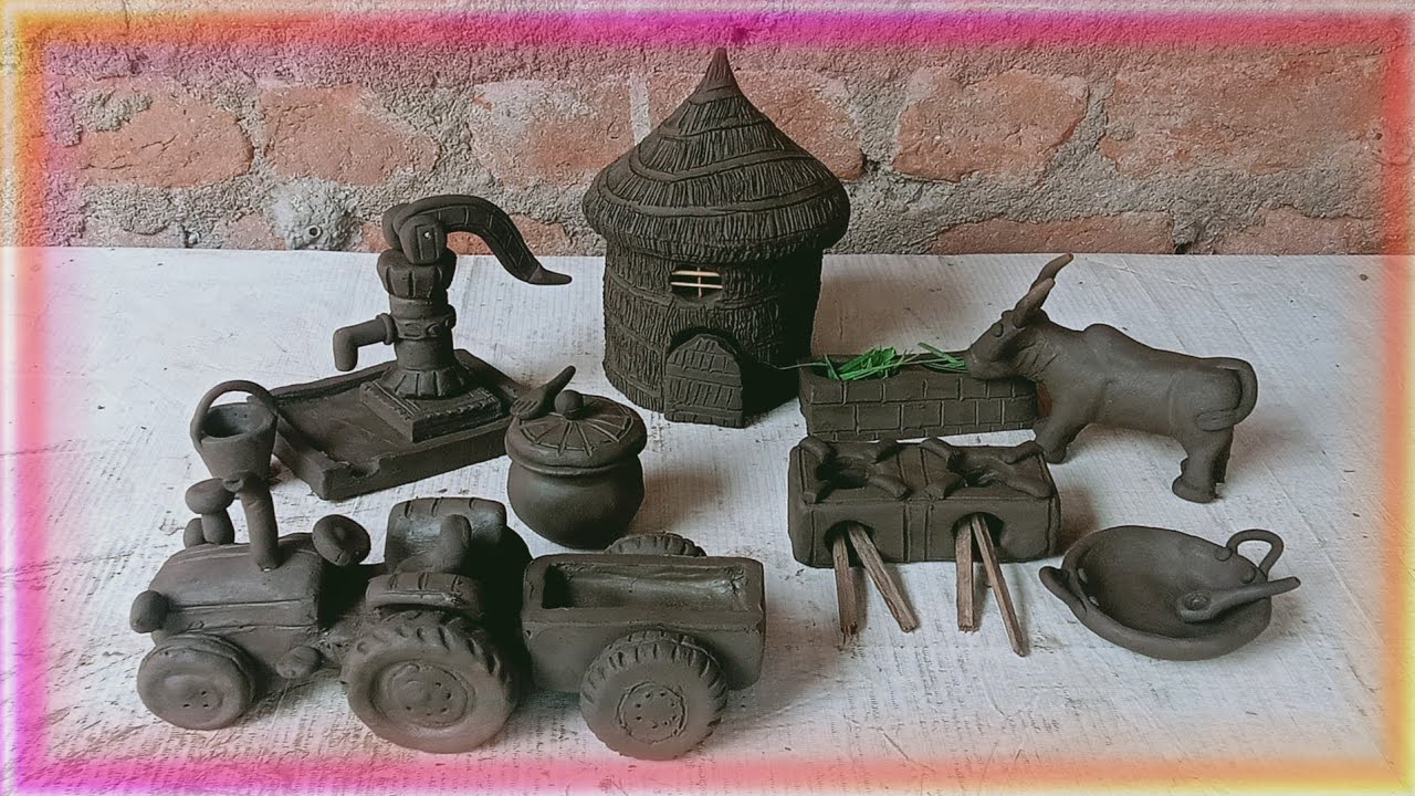 DIY how to make miniature clay house | cow shed, mini hand pump, kitchen set, water well, village