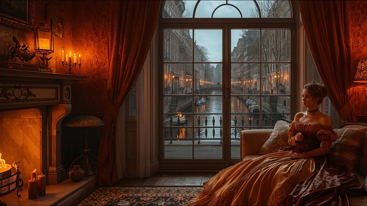 🔥📖 Fireplace & Canal Rain — Victorian Cozy Room Ambience | Study • Reading • Sleep | 4K No Talking