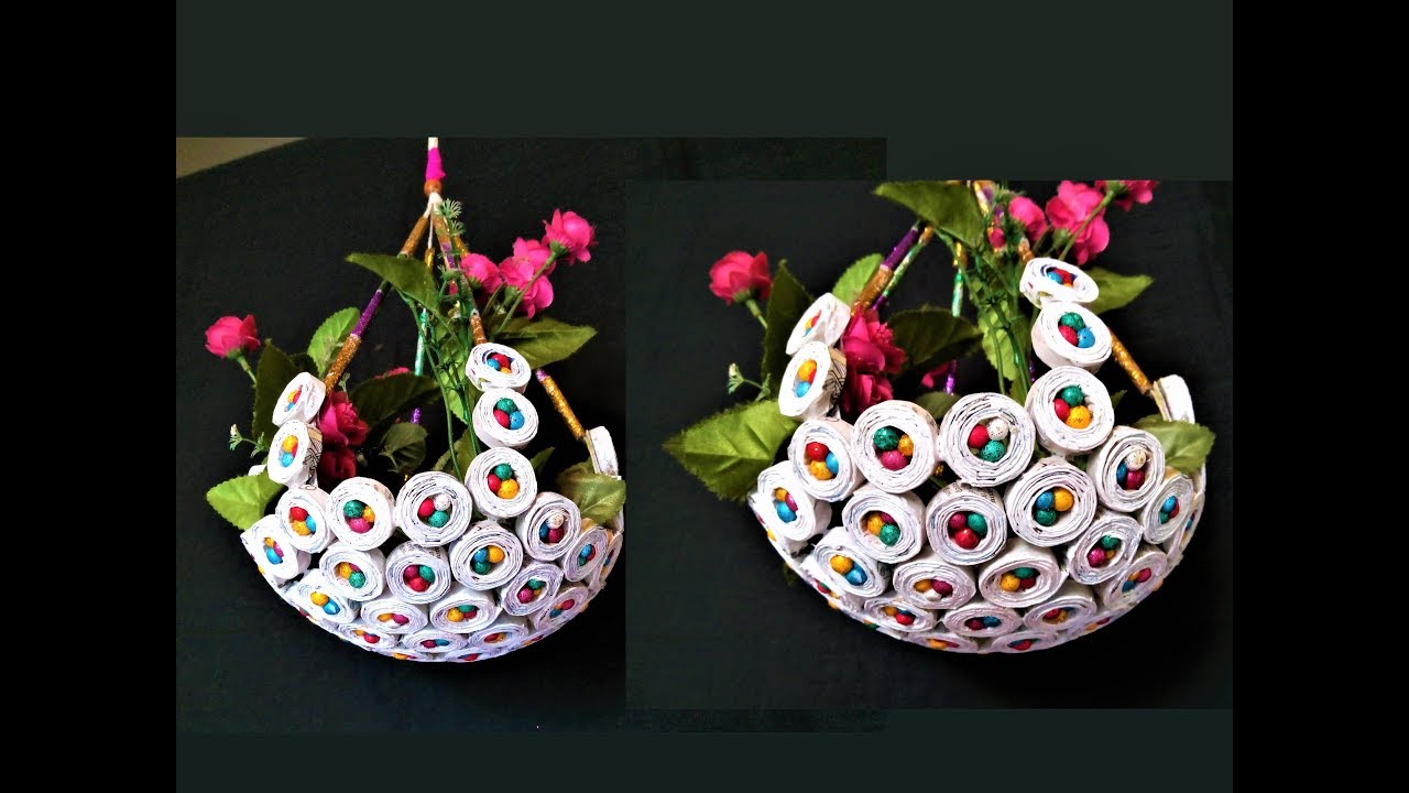 Newspaper - Hanging Flower Basket / DIY Newspaper Crafts / Best out of Waste