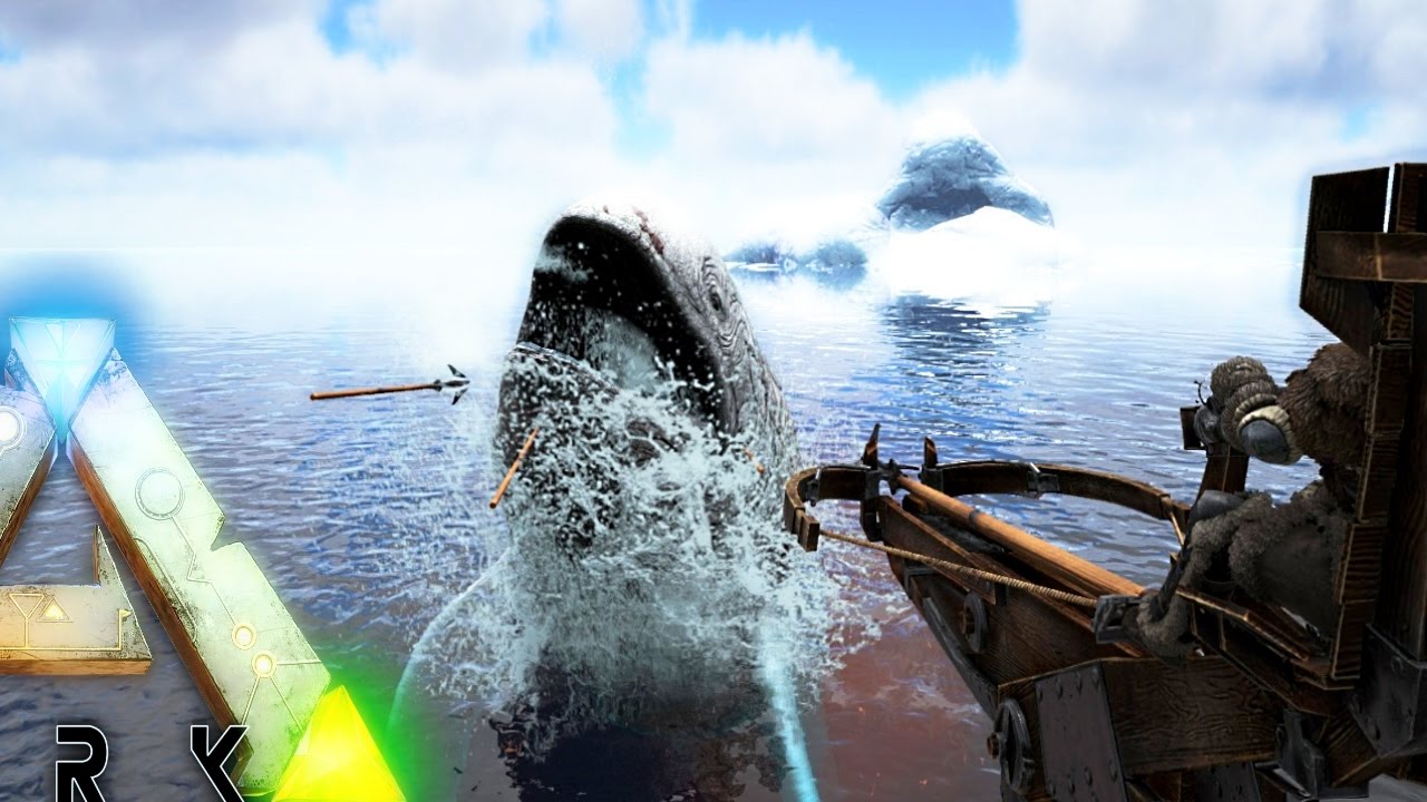 ARK Survival Evolved - ALPHA LEEDSICHTHYS ATTACKS SHIP, BALLISTA SPEARS GREAT ALBINO ( Gameplay )