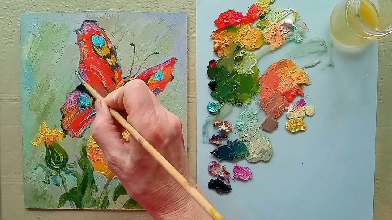 Butterfly and dandelion oil painting. How to paint a butterfly easy. How to paint dandelion flower.