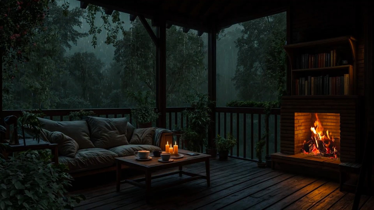 Deep Forest Retreat: Rain on the Wooden Deck & fireplace⚡ASMR de trovão e chuva para dormir