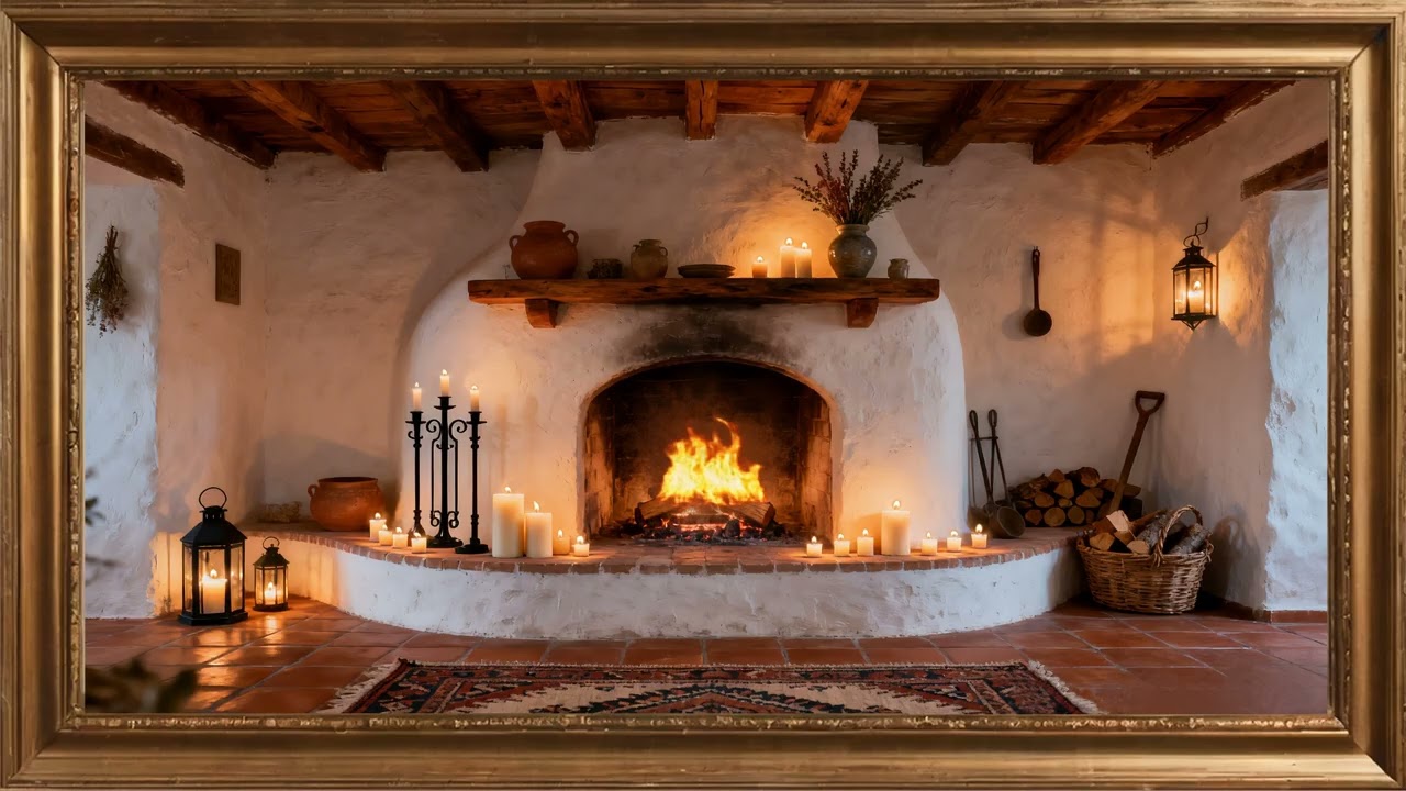 Evening by the  Mediterranean Fireplace. Gold framed Vintage art screensaver.4k TV Painting wall art