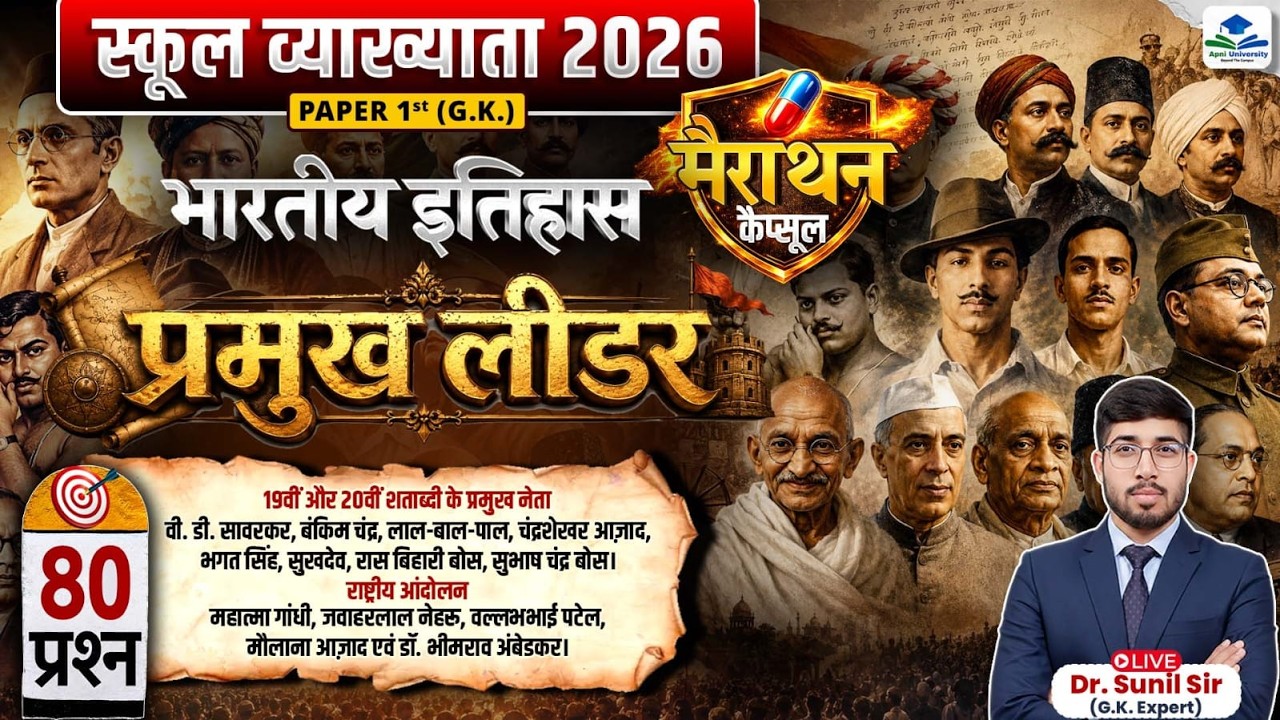 Major Leader in History | School Lecturer 2026 | Indian History | 1st Grade GK History by Sunil Sir