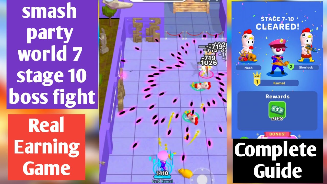 smash party world 7 stage 10 boss fight | weapon crossbow and buddy rhino | real earning game