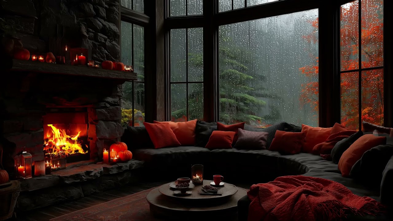 No Ads | Autumn Rain by the Window 🍂 Fireplace Crackling & Gentle Rain for Study and Sleep