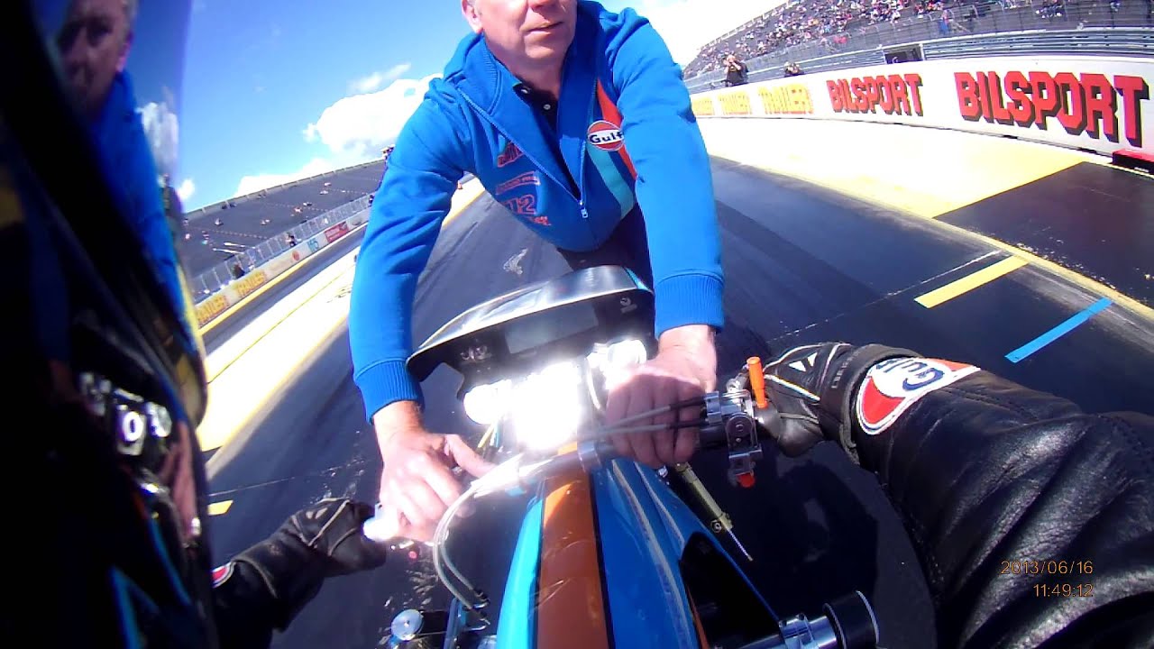 Gulf Oil Dragracing rider Ian King makes a historic 5.9 second pass in Sweden.