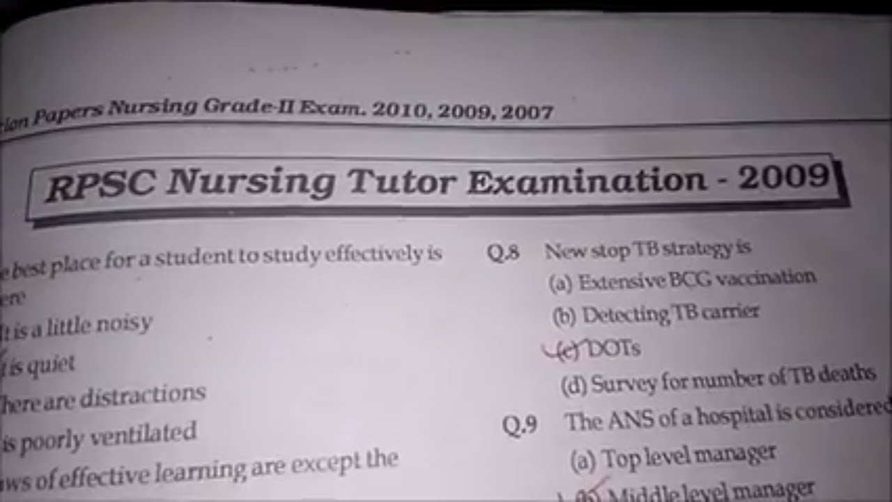 RPSC NURSING TUTOR EXAMINATION 2009 PAPER | QUESTION WITH ANSWER KEY | 100+ QUESTION FOR STAFF NURSE