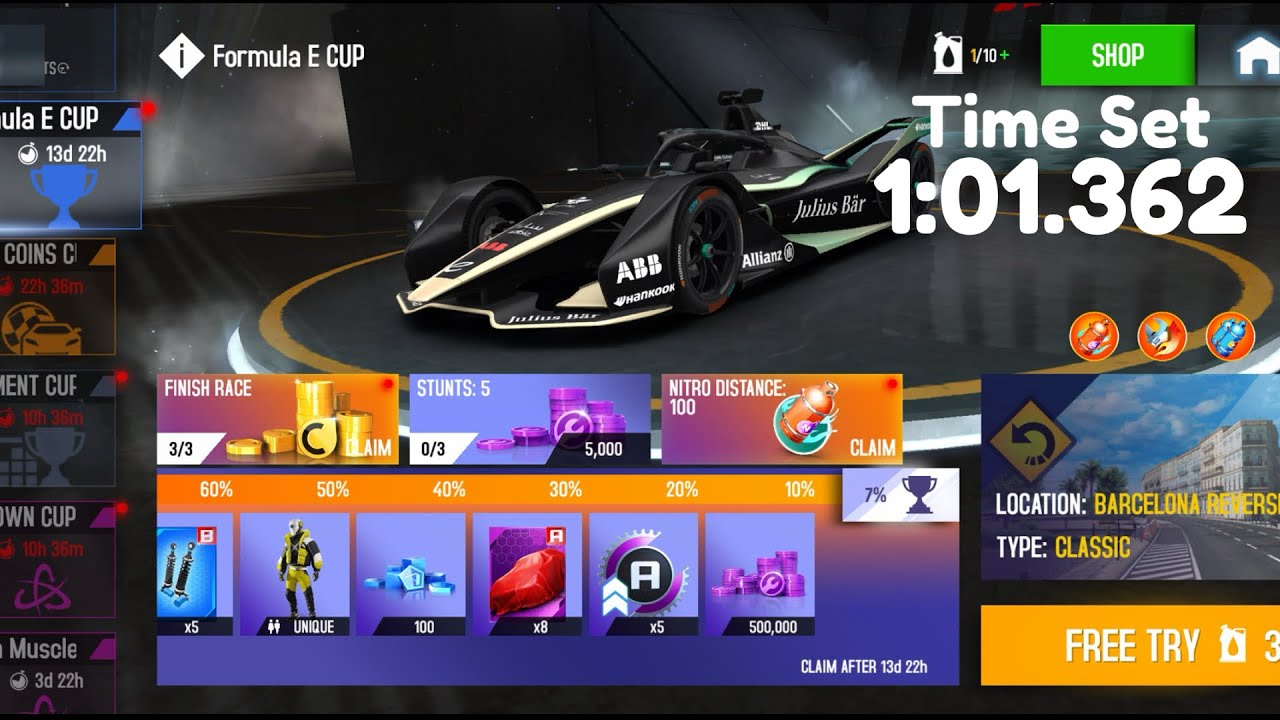 Asphalt 8 - Formula E Cup - 1:01.362 - Barcelona Reverse - Top 7%  (Free Try)