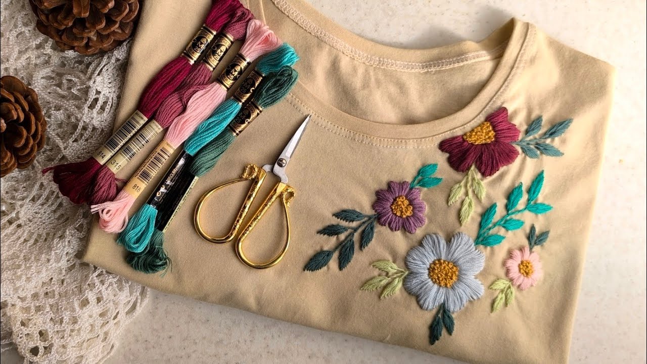Как украсить футболку вышивкой 🌸 | Цветочная ручная вышивка для начинающих (DIY переделка одежды)