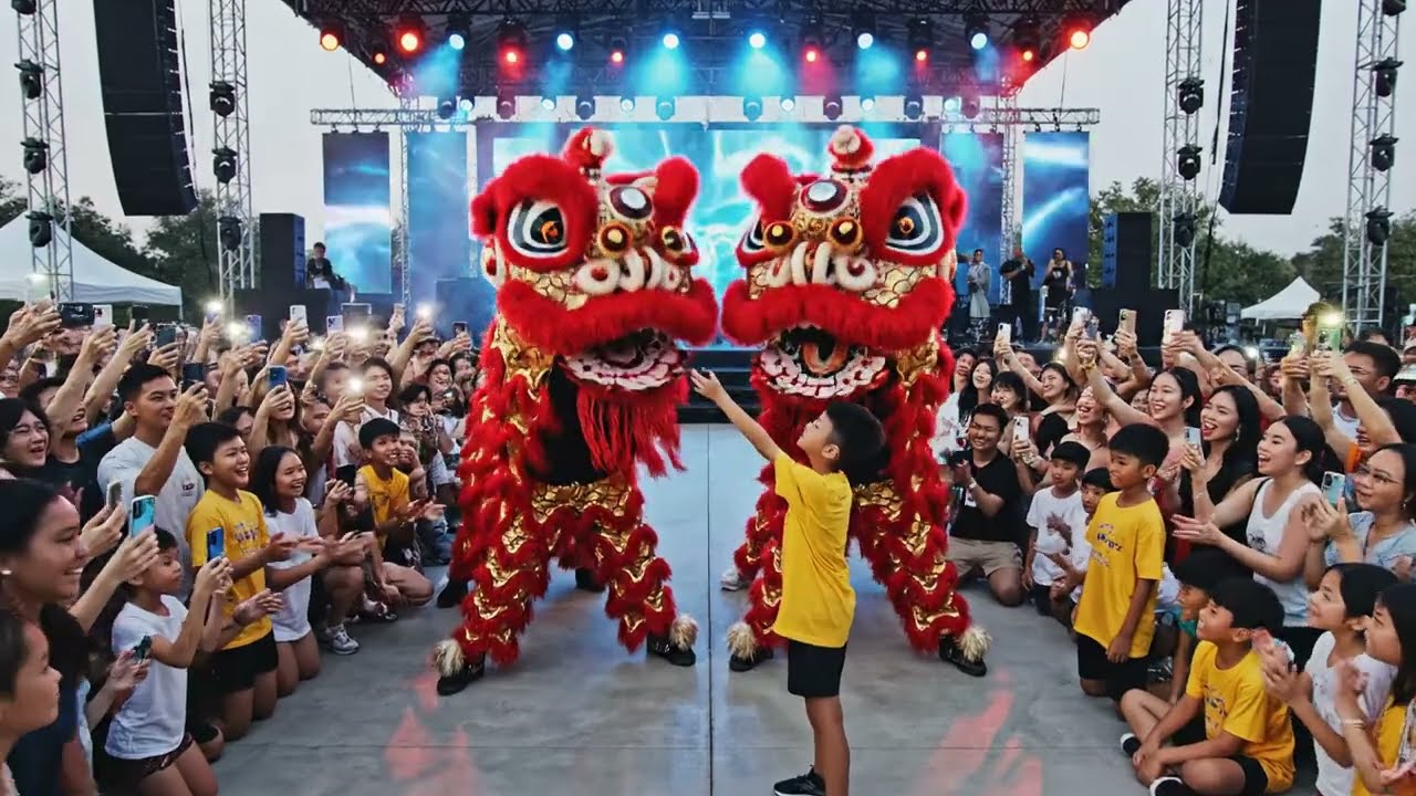 Vietnam Lion Dance Walking Performance on Stairs | Traditional Festival Parade & Cultural Event