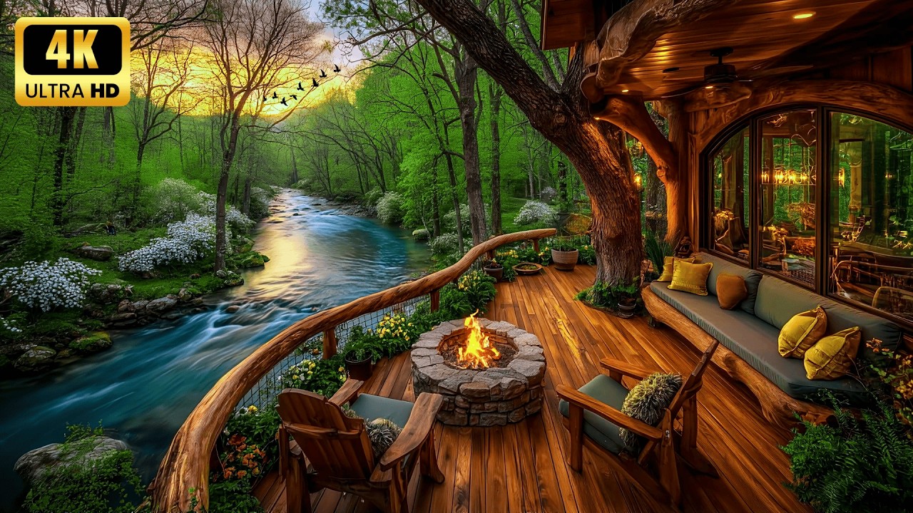 🌿 4K Riverside Cabin Porch Ambience | Flowing River, Birds Singing & Cozy Campfire at Sunset 🔥🌊