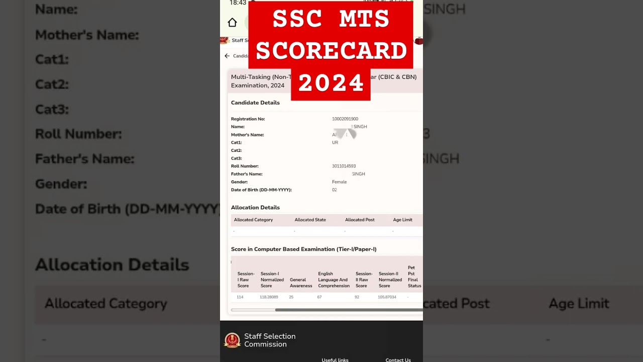 SSC MTS SCORE CARD 2024 #ssc #sscmts #sscexam #scorecard #mts #sscmts2024 #studymotivation #trending