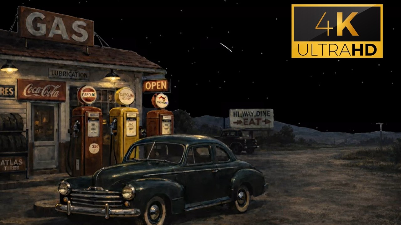 4 HOURS 1940s Gas Station Ambient 4K Starry Background Video | Night Sky & Peaceful Sleepy Sounds