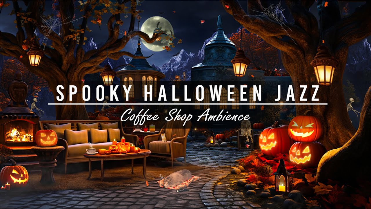 🎃Halloween Jazz Coffee Shop Ambience with Spooky Night in Cozy Fall Ambience | Crackling Fireplace