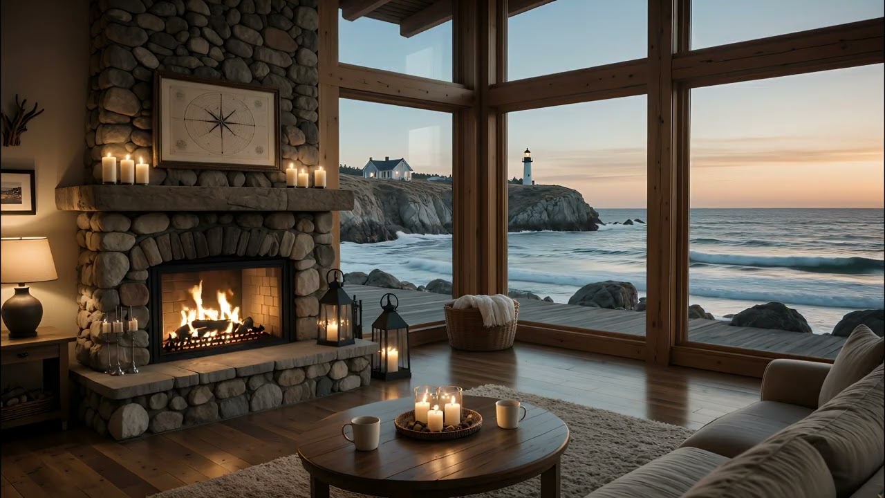 Cozy Coastal Cabin Fireplace 🔥🌊 | Gentle Waves and Crackling Fire Ambience by the Sea