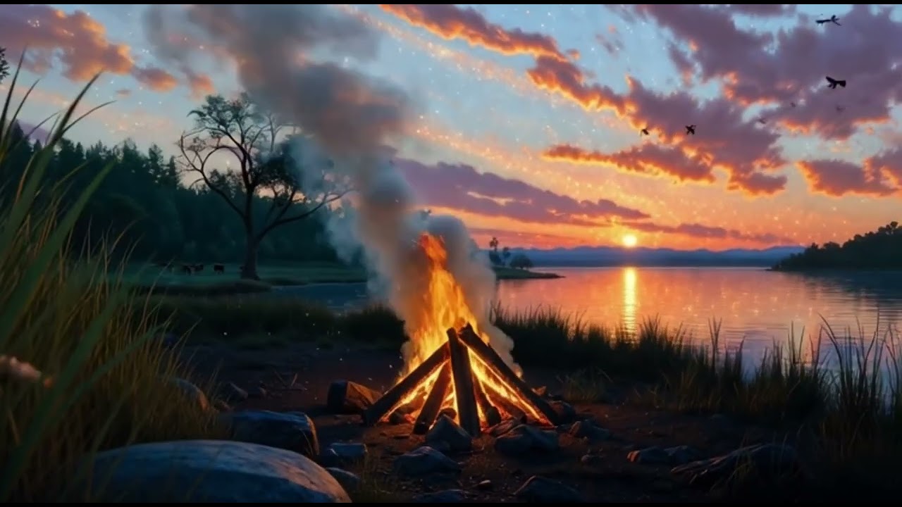 Nature, wood fire, sunset,Lake, animals