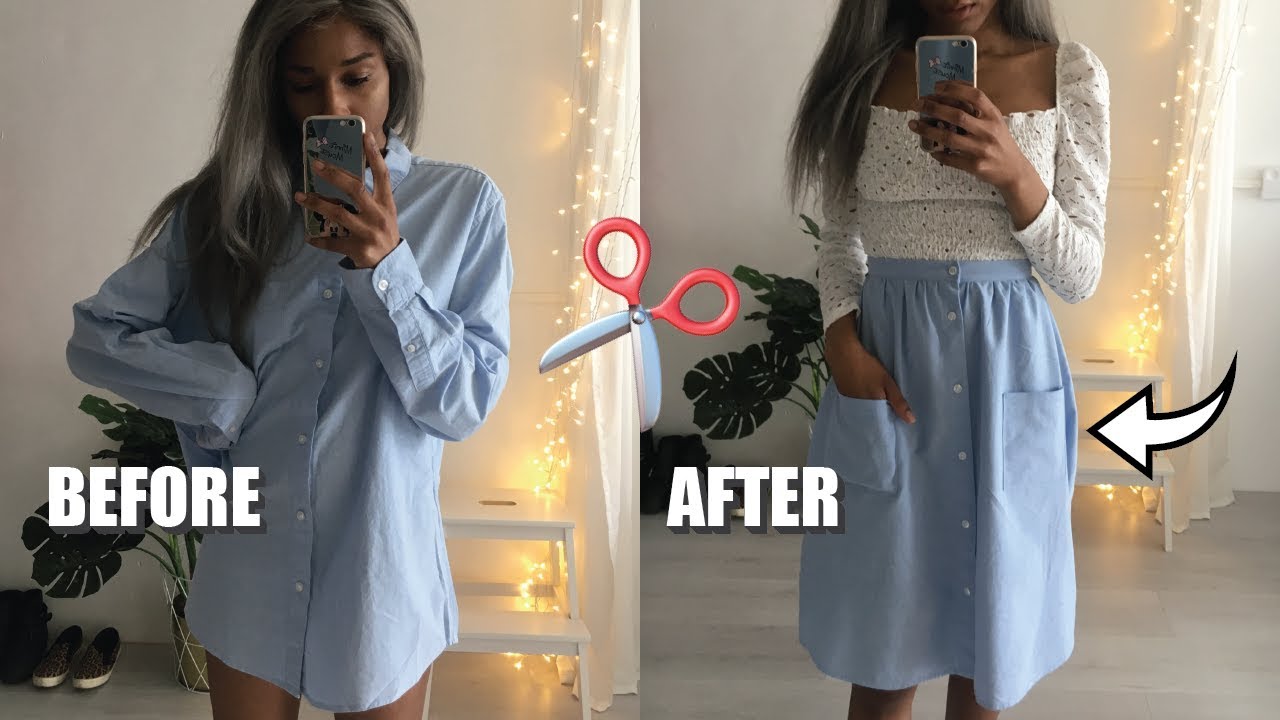 DIY BUTTON UP SKIRT FROM A MEN'S SHIRT | Clothing Transformation