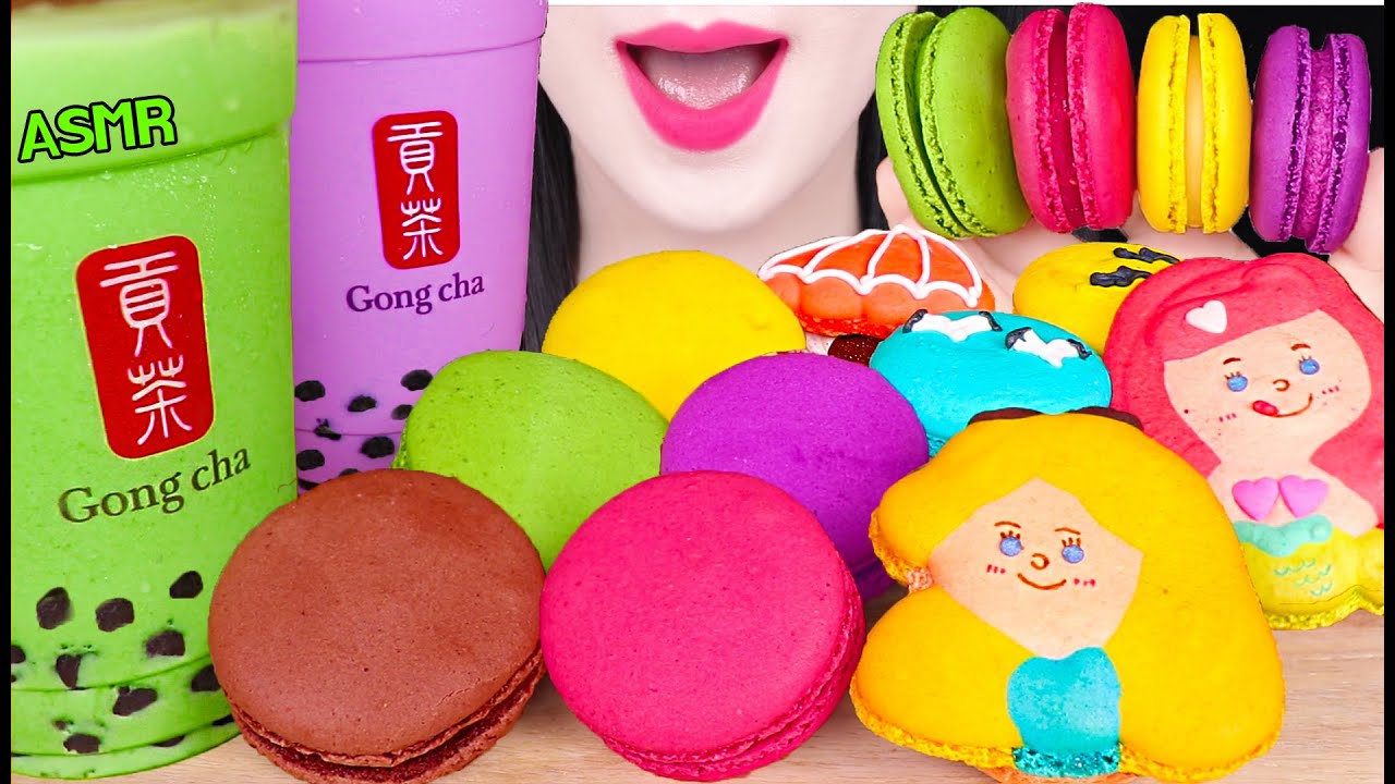ASMR TARO BUBBLE TEA, GREEN TEA *BOBA MILK TEA, MACARON PARTY 타로 버블티, 녹차 버블티, 마카롱 먹방 JANE ASMR 제인