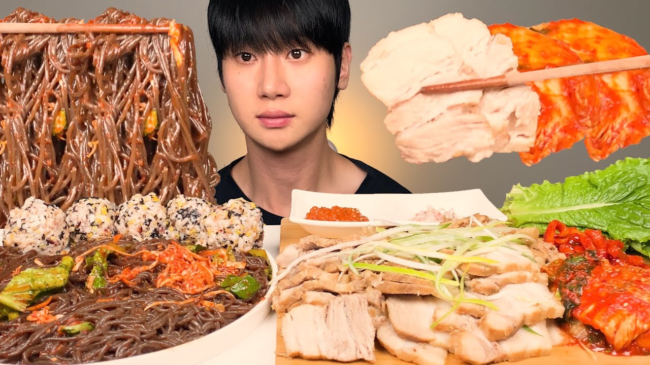 육즙 가득 촉촉한 수육 보쌈 & 쟁반막국수, 날치알주먹밥, 김치, 무말랭이, 쌈채소 꿀조합 먹방 ASMR Boiled Pork (Bossam) & Kimchi MUKBANG
