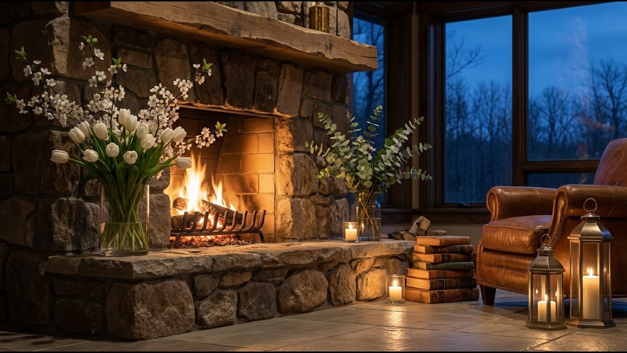 [Stress Relief] Smooth Jazz & Fire: Rustic Stone Hearth & Evening Window for Maximum Comfort 🌌
